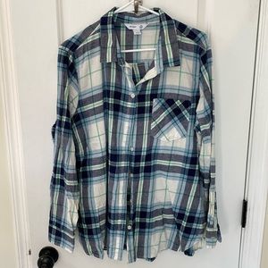 Old navy blue and green plaid button down shirt